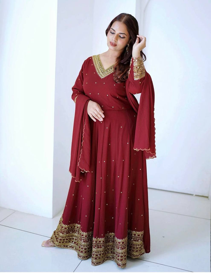Presenting New  Fox Gown -Pent  Dupatta Set Fully Stitched Ready To Wear