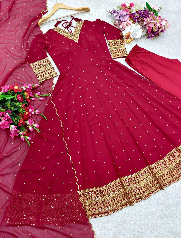 Presenting New  Fox Gown -Pent  Dupatta Set Fully Stitched Ready To Wear