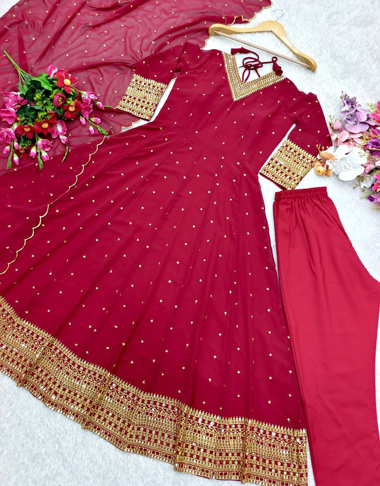 Presenting New  Fox Gown -Pent  Dupatta Set Fully Stitched Ready To Wear