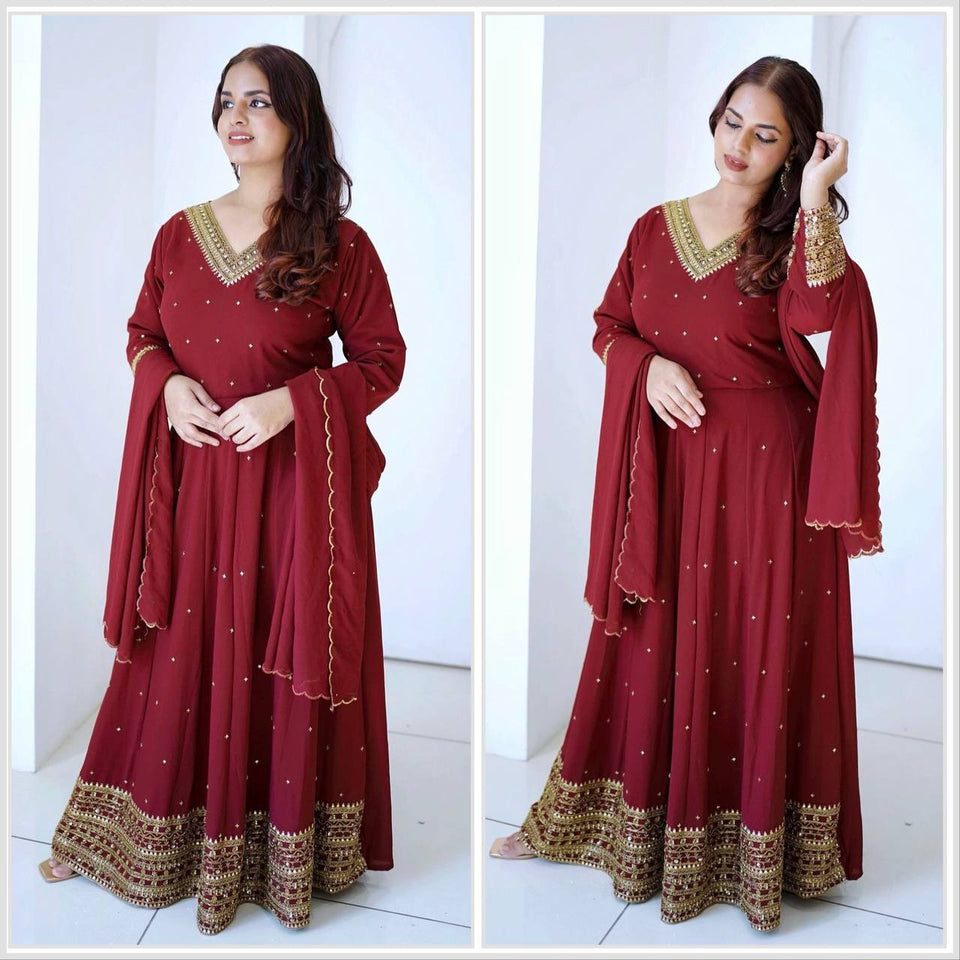 Presenting New  Fox Gown -Pent  Dupatta Set Fully Stitched Ready To Wear