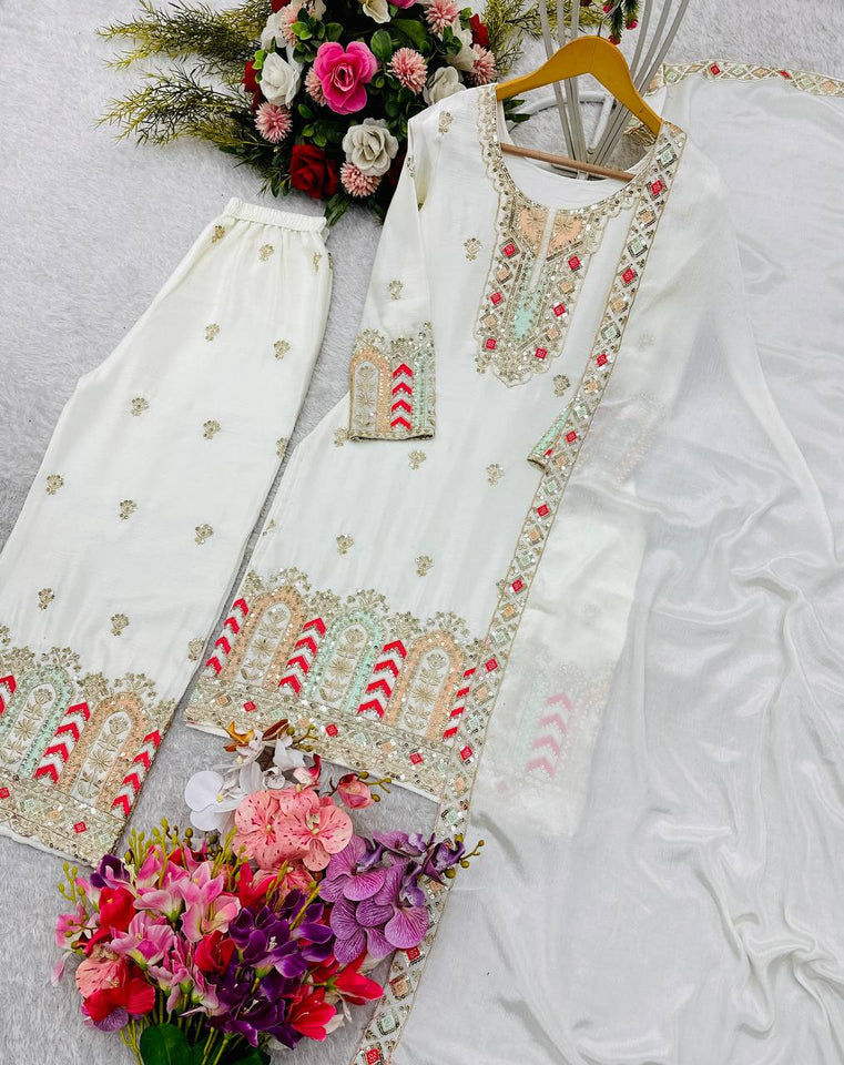 Presenting New Collection Pure Cinon Top-Palzzo with Dupatta Set Fully Stitched Ready To W