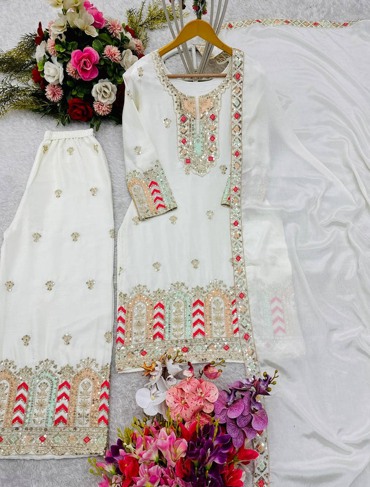 Presenting New Collection Pure Cinon Top-Palzzo with Dupatta Set Fully Stitched Ready To W