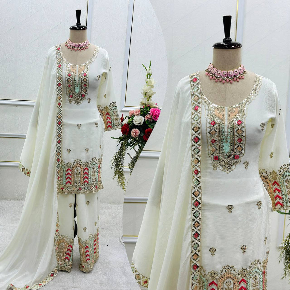 Presenting New Collection Pure Cinon Top-Palzzo with Dupatta Set Fully Stitched Ready To W