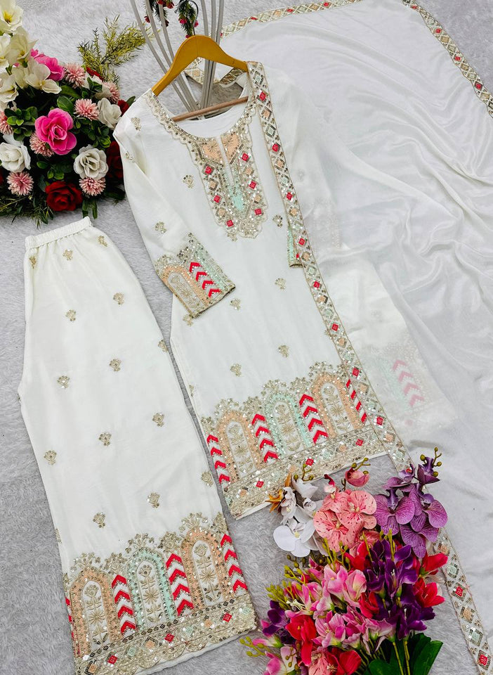 Presenting New Collection Pure Cinon Top-Palzzo with Dupatta Set Fully Stitched Ready To W