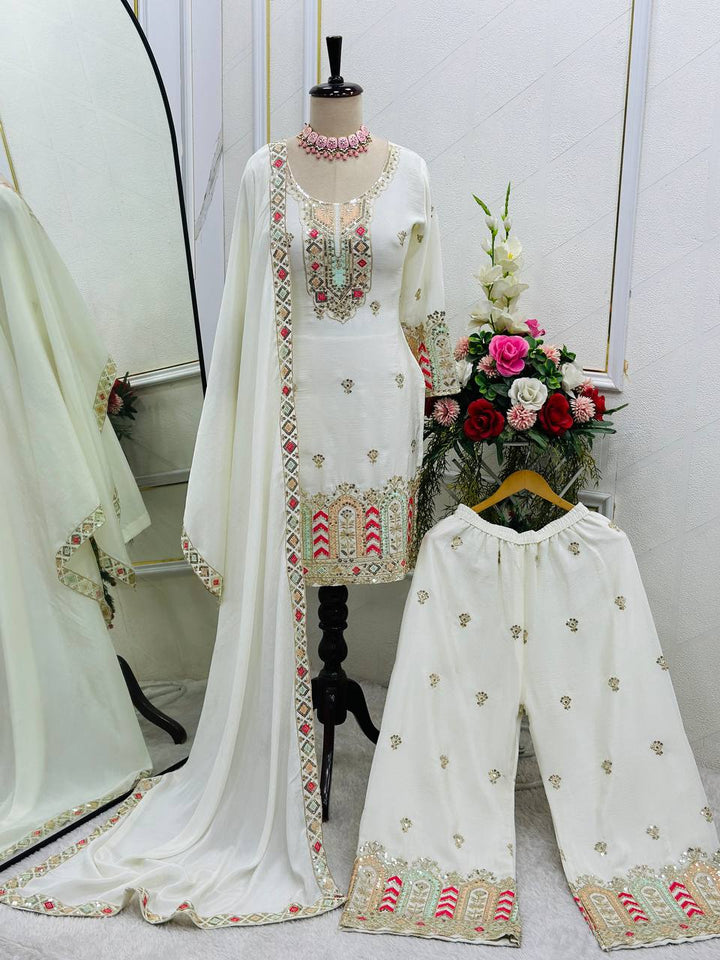 Presenting New Collection Pure Cinon Top-Palzzo with Dupatta Set Fully Stitched Ready To W