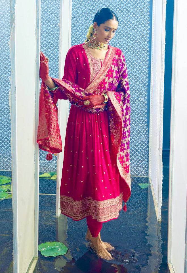 Presenting New Tredition Gown-Pent Dupatta Set Fully Stitched Ready To Wear