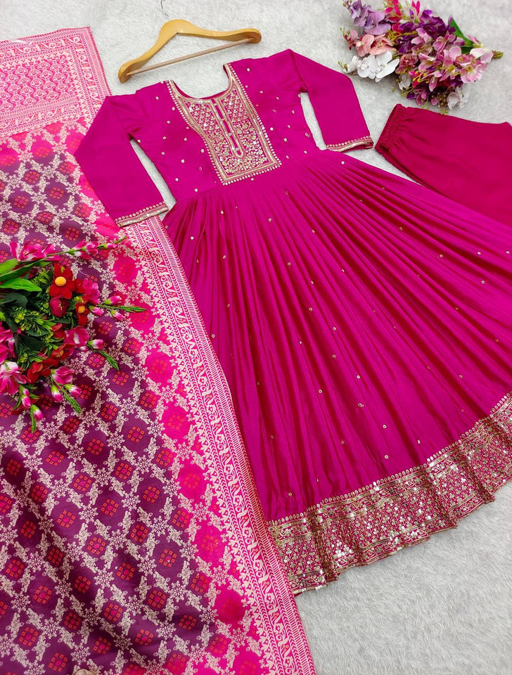 Presenting New Tredition Gown-Pent Dupatta Set Fully Stitched Ready To Wear