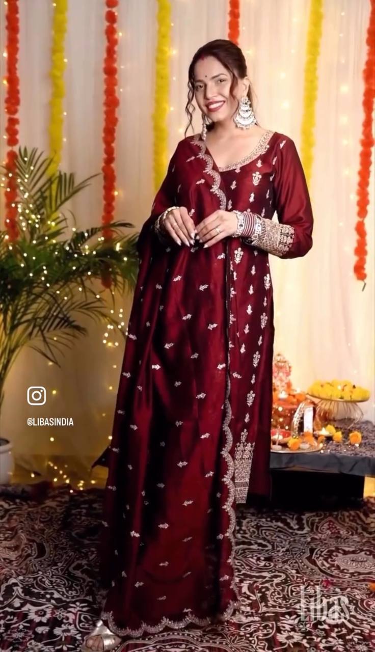Presenting New Collection Pure Cinon Top-Pent and Dupatta Set Fully Stitched Ready To Wear