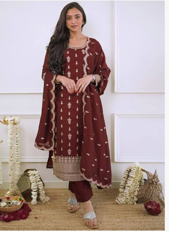 Presenting New Collection Pure Cinon Top-Pent and Dupatta Set Fully Stitched Ready To Wear