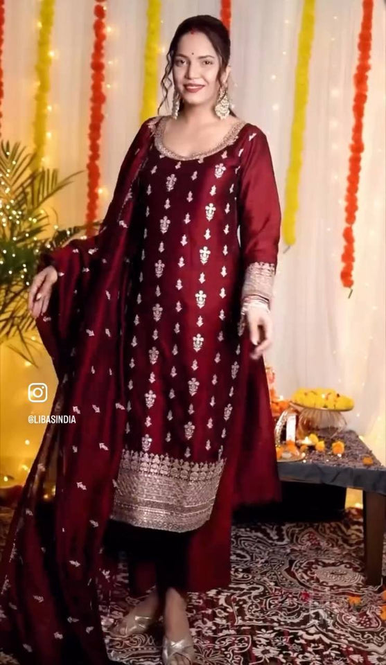 Presenting New Collection Pure Cinon Top-Pent and Dupatta Set Fully Stitched Ready To Wear