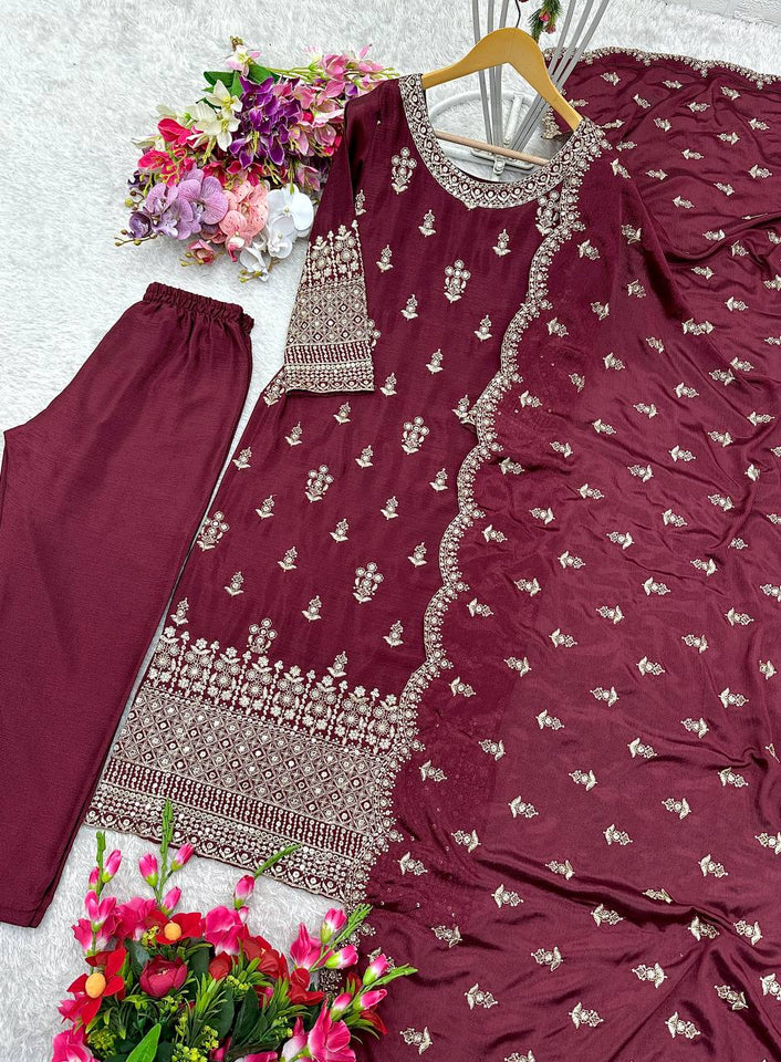 Presenting New Collection Pure Cinon Top-Pent and Dupatta Set Fully Stitched Ready To Wear