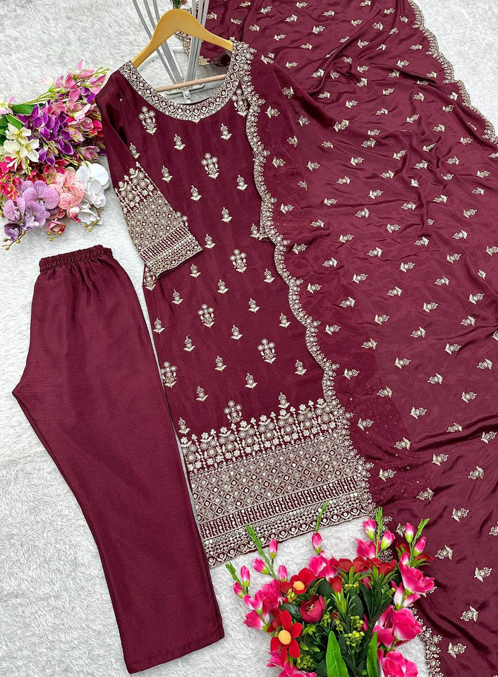 Presenting New Collection Pure Cinon Top-Pent and Dupatta Set Fully Stitched Ready To Wear