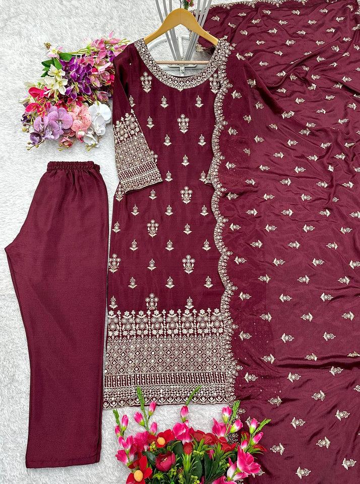 Presenting New Collection Pure Cinon Top-Pent and Dupatta Set Fully Stitched Ready To Wear