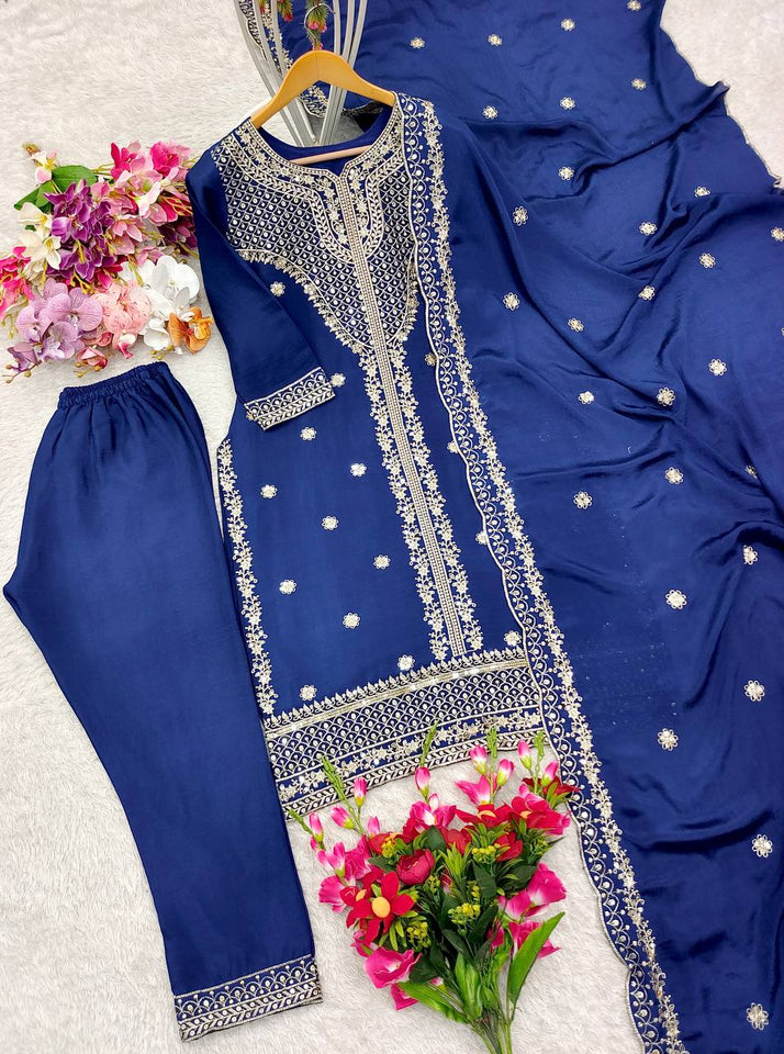 Presenting New Real Modling Collection Pure Cinon Top-Pent and Dupatta Set Fully Stitched Ready To Wea