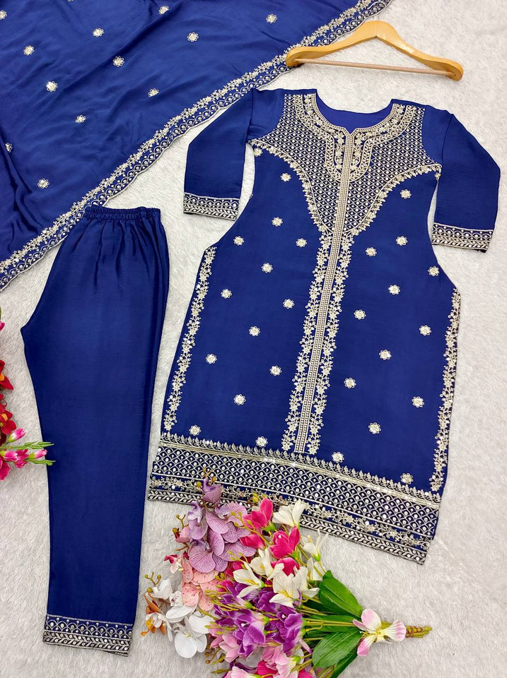 Presenting New Real Modling Collection Pure Cinon Top-Pent and Dupatta Set Fully Stitched Ready To Wea