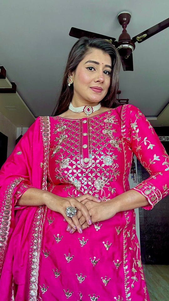 Presenting New Our WW Real Modling Products Pure Cinon Top-Plazzo and Dupatta Set Fully Stitched Ready To Wear