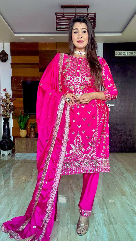 Presenting New Our WW Real Modling Products Pure Cinon Top-Plazzo and Dupatta Set Fully Stitched Ready To Wear