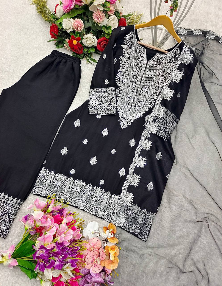Presenting New Collection Pure Cinon Top-Plazzo and Dupatta Set Fully Stitched Ready To Wear 🔥😍🥰*