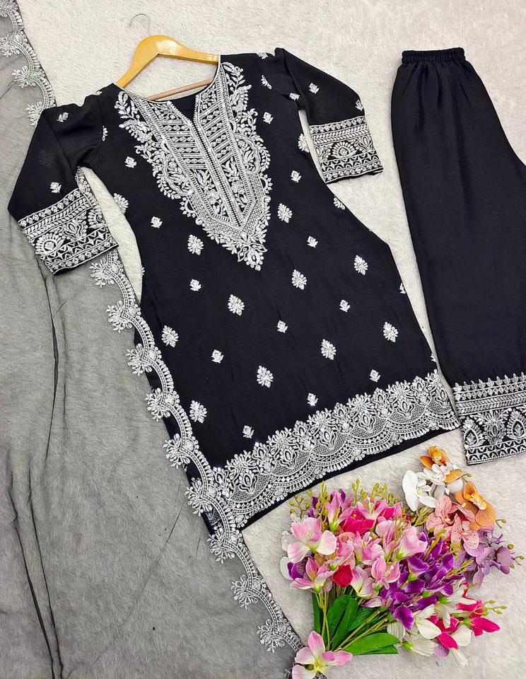 Presenting New Collection Pure Cinon Top-Plazzo and Dupatta Set Fully Stitched Ready To Wear 🔥😍🥰*