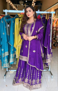 Presenting New Collection Pure Cinon Top-Sarara and Dupatta Set Fully Stitched Ready To Wear