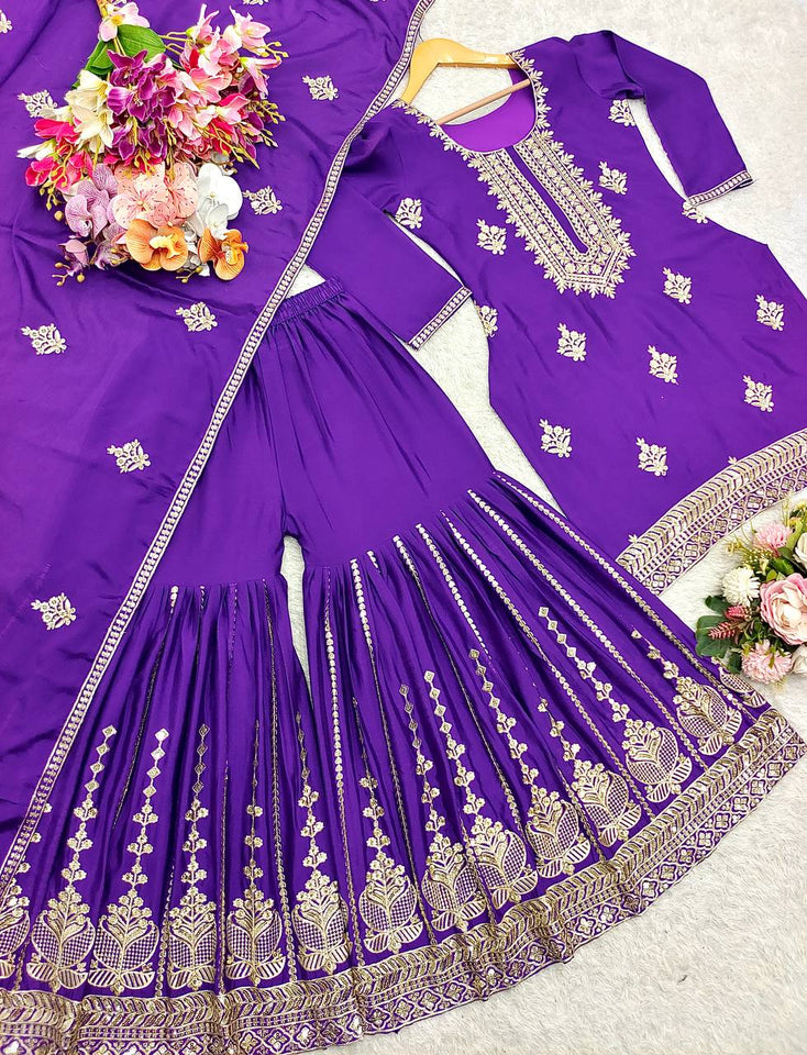 Presenting New Collection Pure Cinon Top-Sarara and Dupatta Set Fully Stitched Ready To Wear