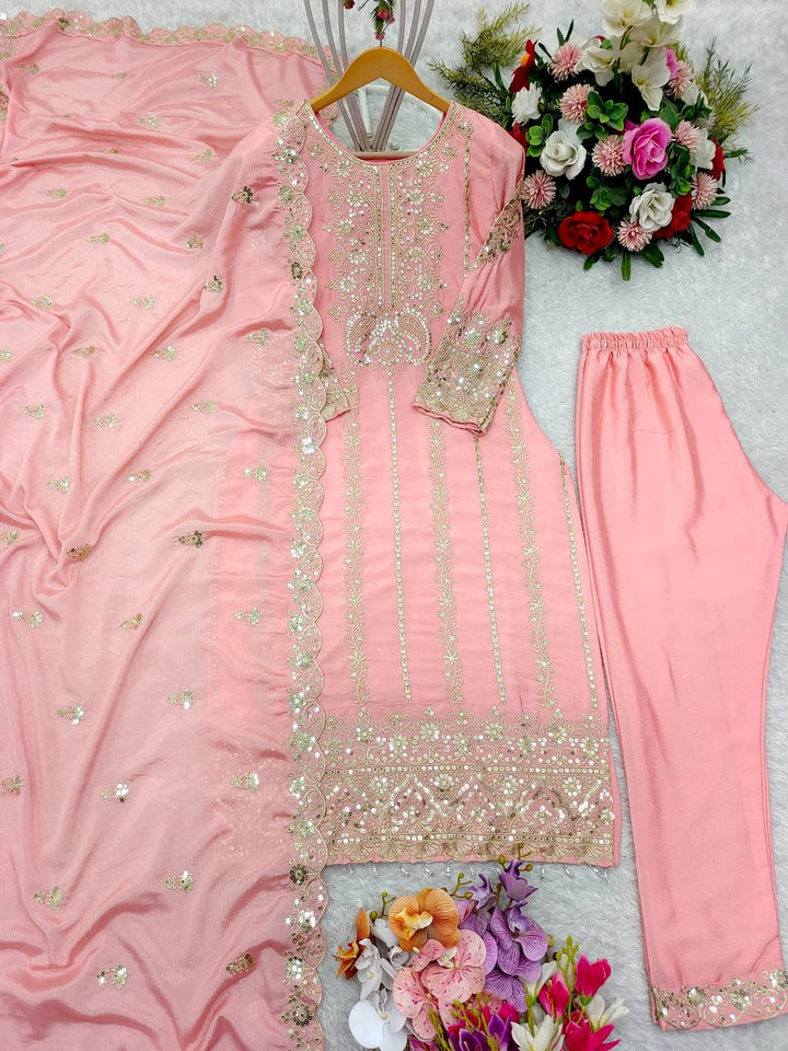 Presenting New Cinon Top -Pent  Dupatta Set Fully Stitched Ready To Wear 🔥