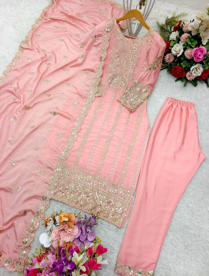 Presenting New Cinon Top -Pent  Dupatta Set Fully Stitched Ready To Wear 🔥