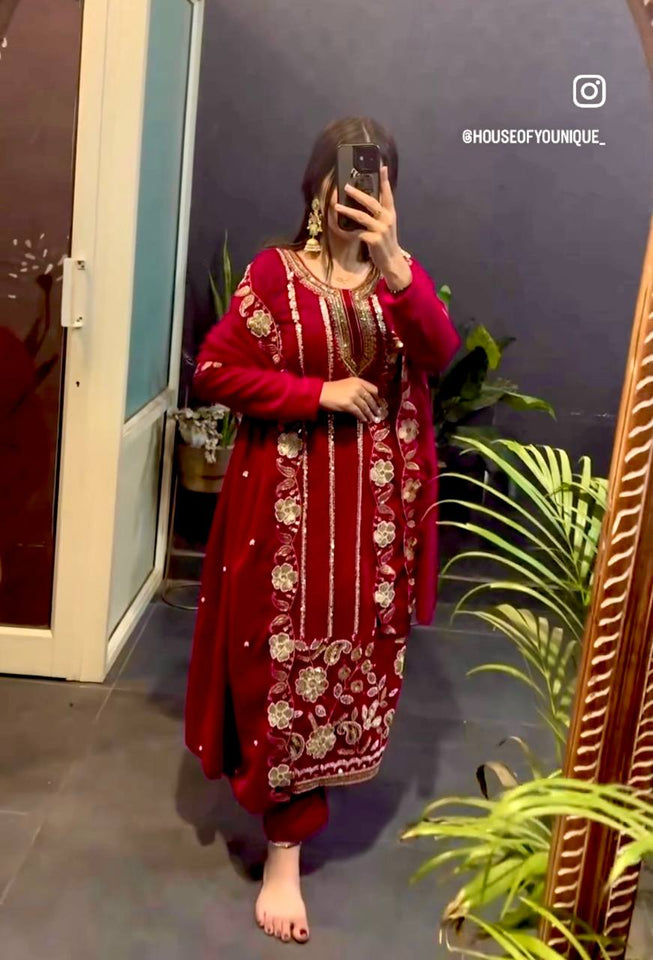 Presenting New Velvet Top -Pent  Dupatta Set Fully Stitched Ready To Wear
