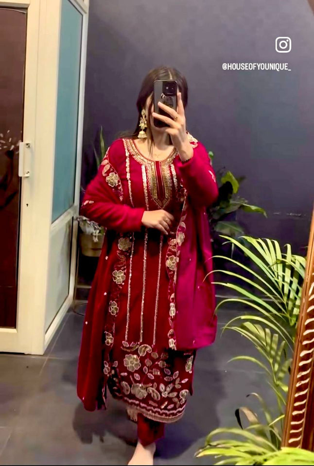 Presenting New Velvet Top -Pent  Dupatta Set Fully Stitched Ready To Wear