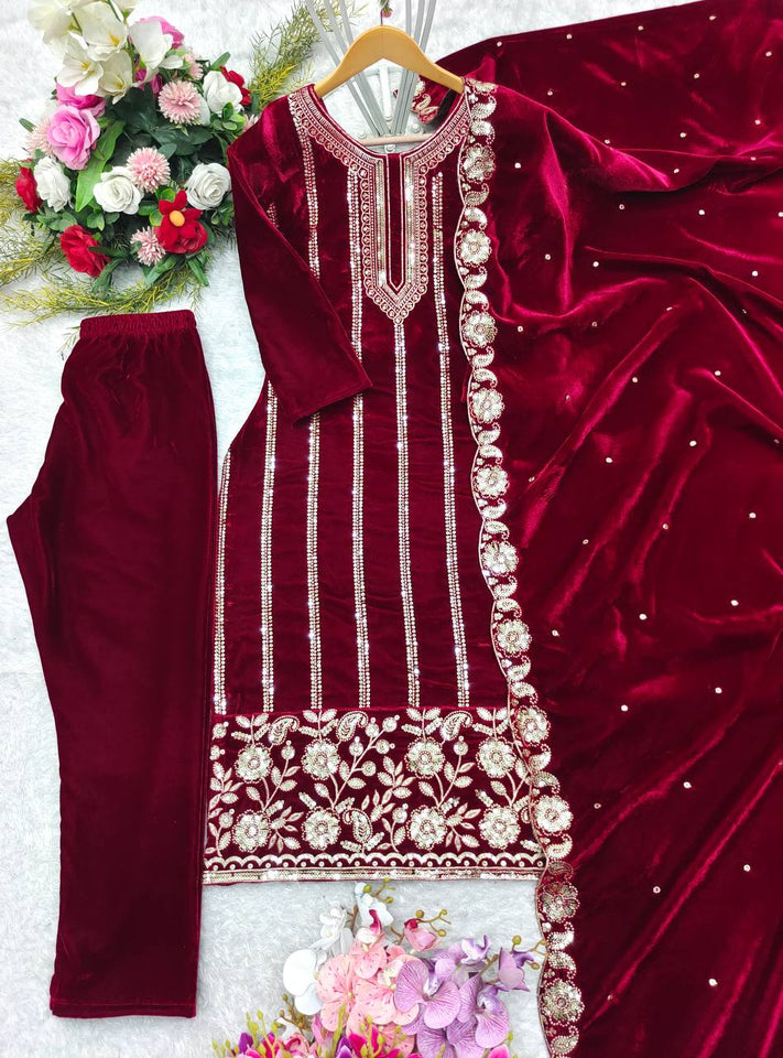 Presenting New Velvet Top -Pent  Dupatta Set Fully Stitched Ready To Wear