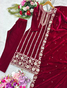 Presenting New Velvet Top -Pent  Dupatta Set Fully Stitched Ready To Wear