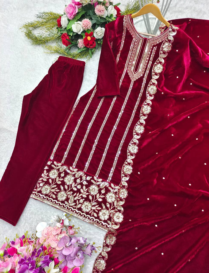 Presenting New Velvet Top -Pent  Dupatta Set Fully Stitched Ready To Wear