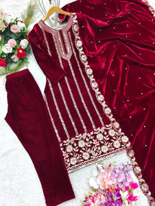 Presenting New Velvet Top -Pent  Dupatta Set Fully Stitched Ready To Wear