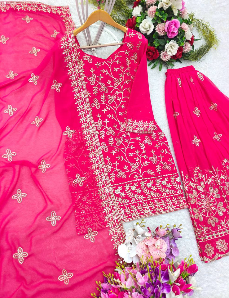 Presenting New Collection Pure Fox Georgette Top-Plazzo With Dupatta Set Fully Stitched Ready To Wear 🔥😍🥰*