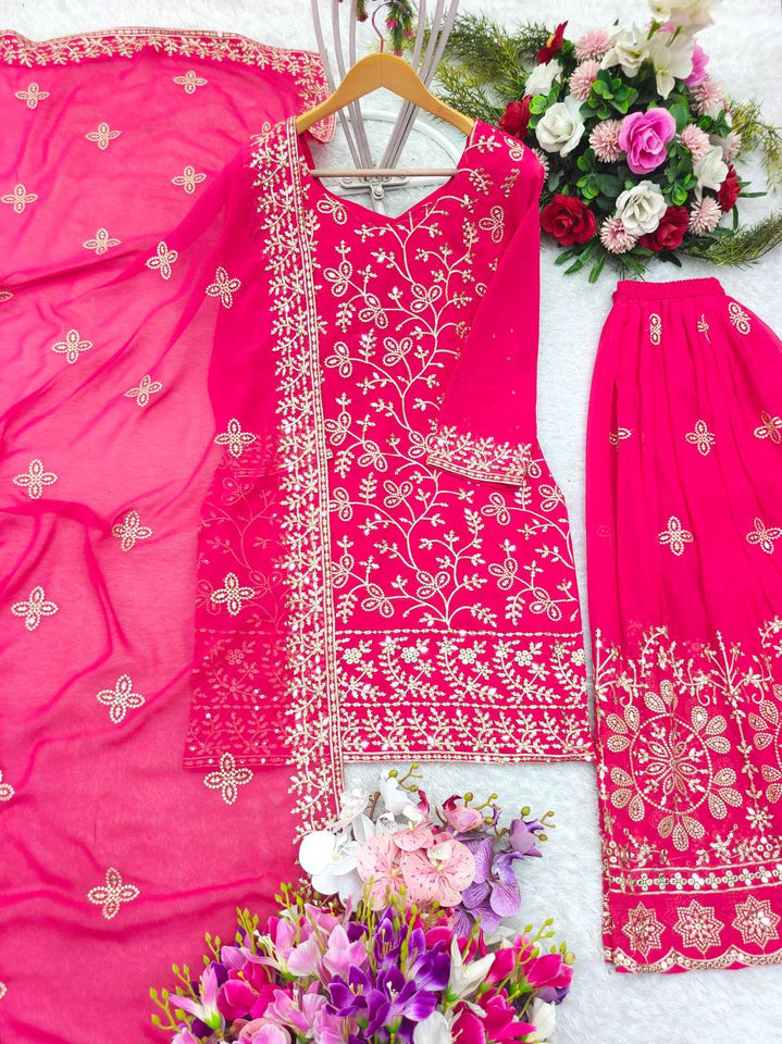 Presenting New Collection Pure Fox Georgette Top-Plazzo With Dupatta Set Fully Stitched Ready To Wear 🔥😍🥰*