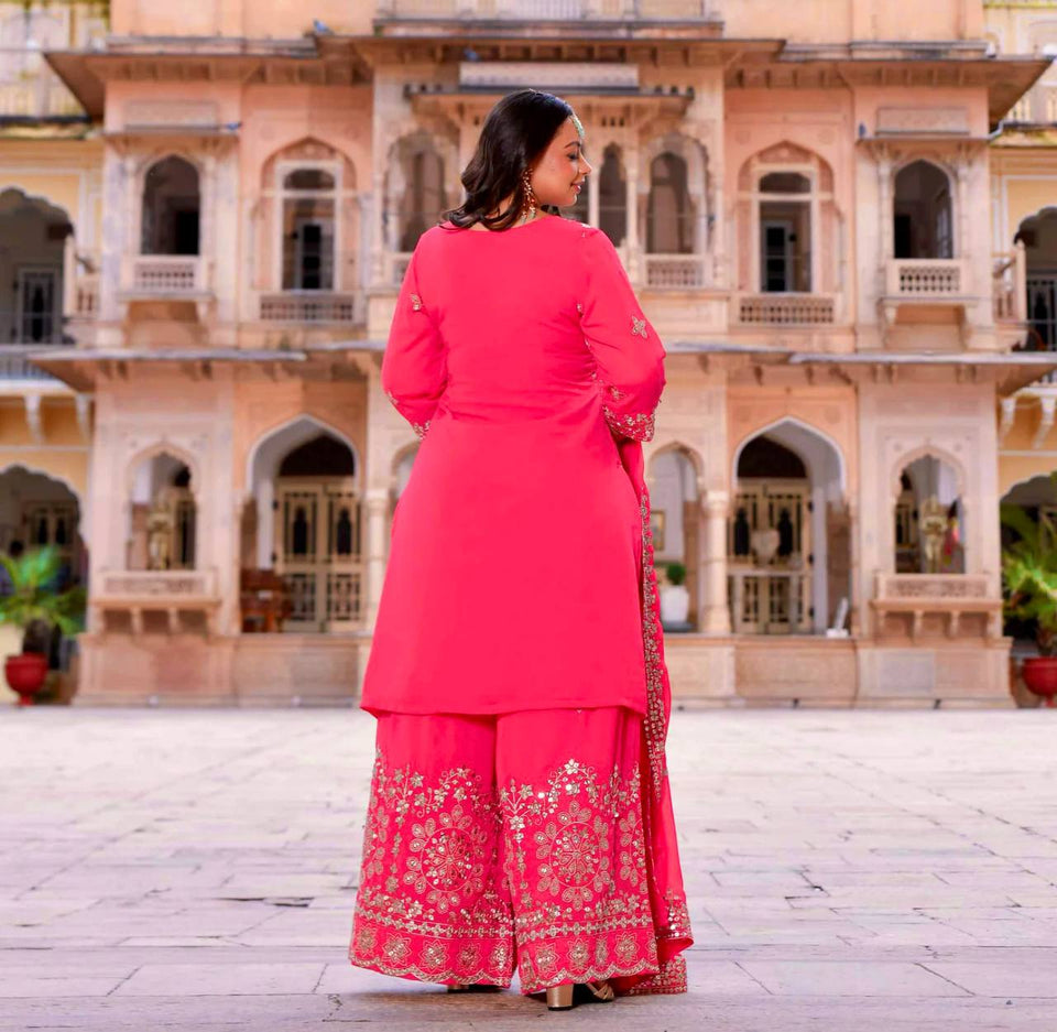 Presenting New Collection Pure Fox Georgette Top-Plazzo With Dupatta Set Fully Stitched Ready To Wear 🔥😍🥰*