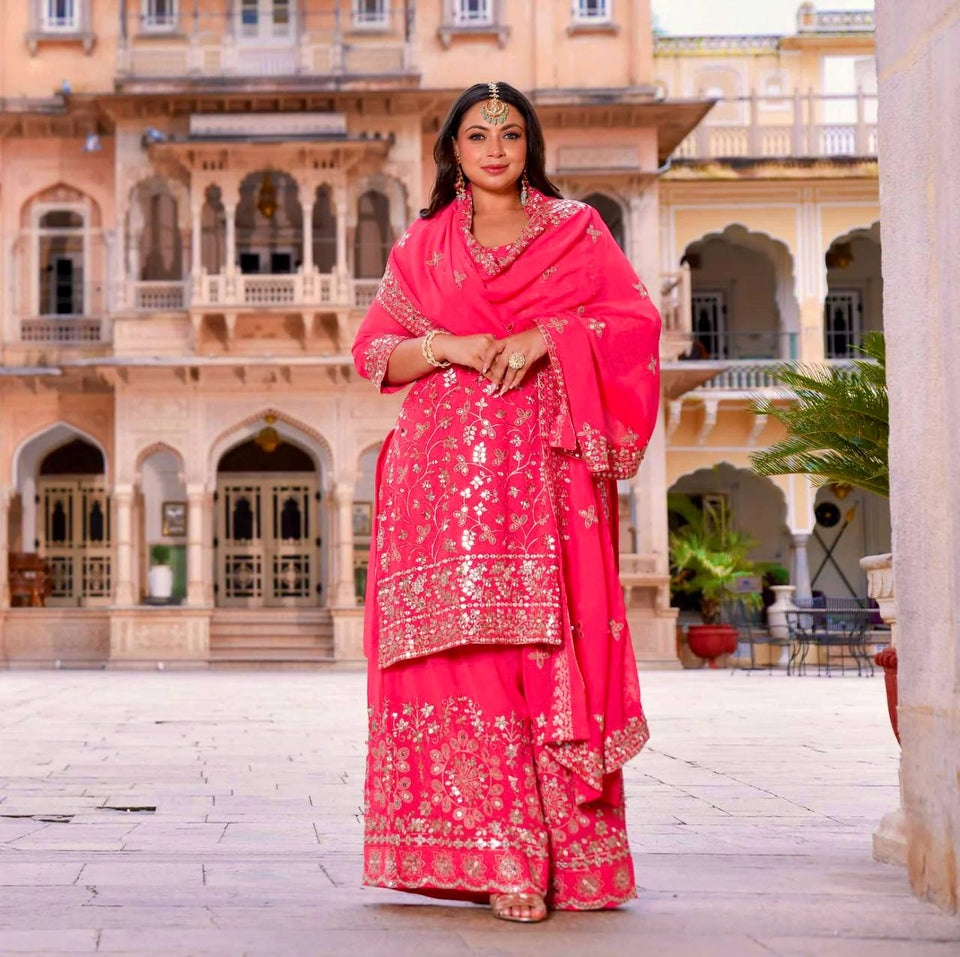 Presenting New Collection Pure Fox Georgette Top-Plazzo With Dupatta Set Fully Stitched Ready To Wear 🔥😍🥰*