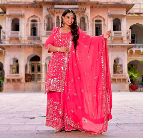 Presenting New Collection Pure Fox Georgette Top-Plazzo With Dupatta Set Fully Stitched Ready To Wear 🔥😍🥰*