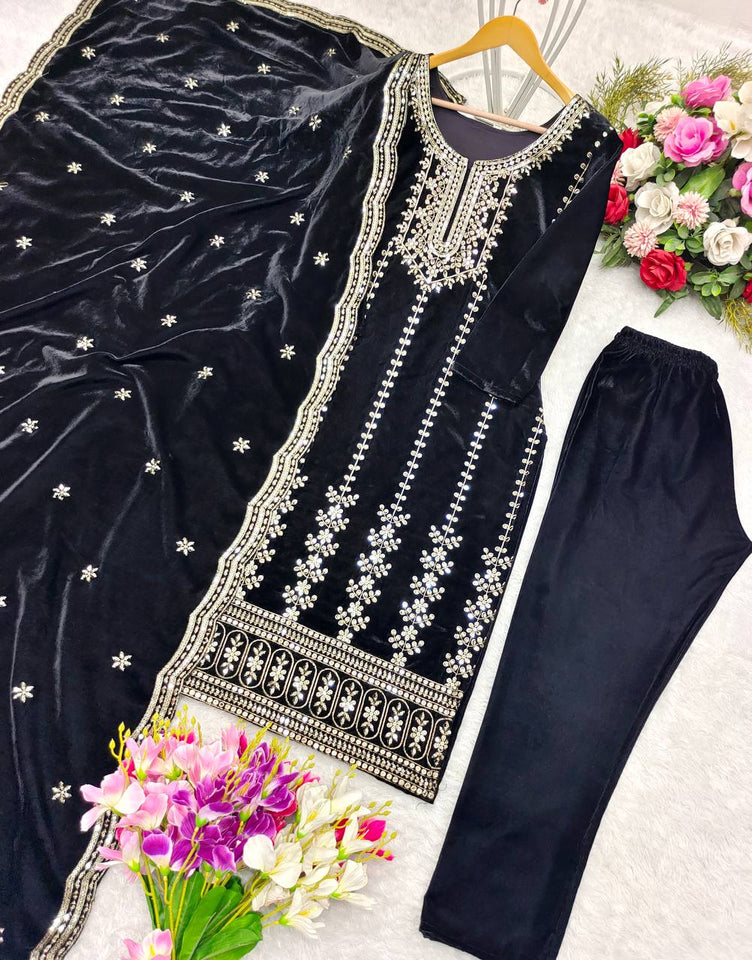 Presenting New Velvet Top -Pent  Dupatta Set Fully Stitched Ready To Wear
