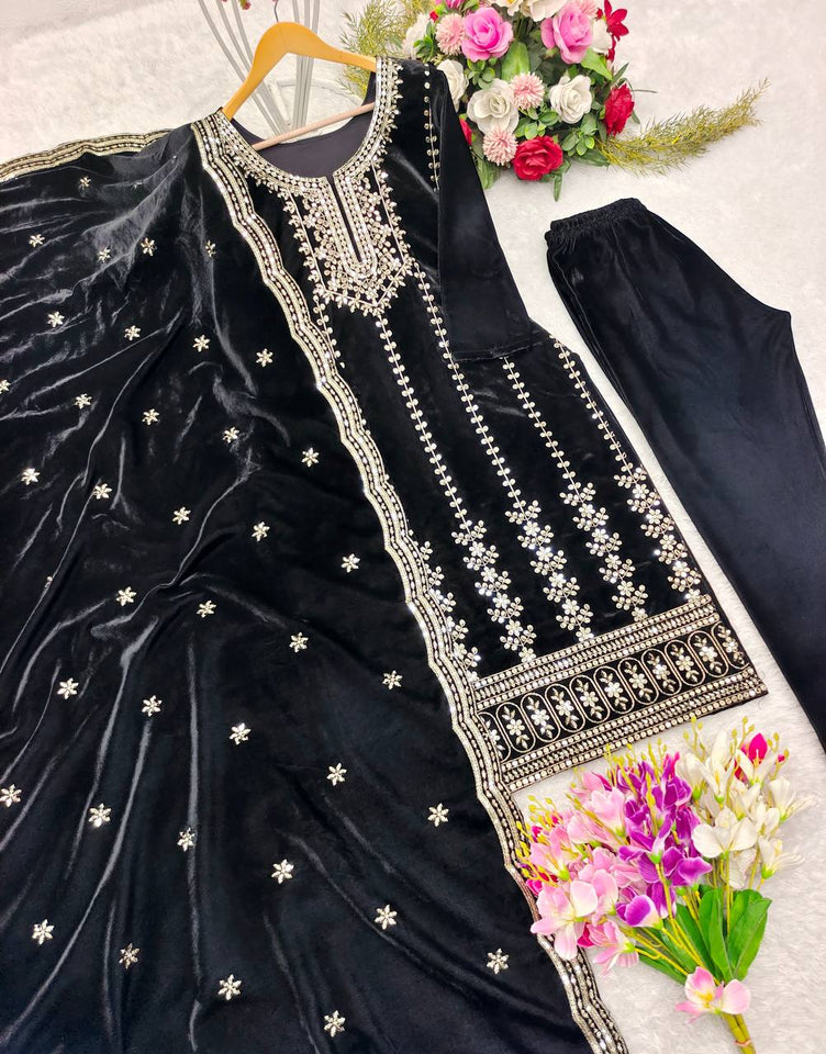 Presenting New Velvet Top -Pent  Dupatta Set Fully Stitched Ready To Wear