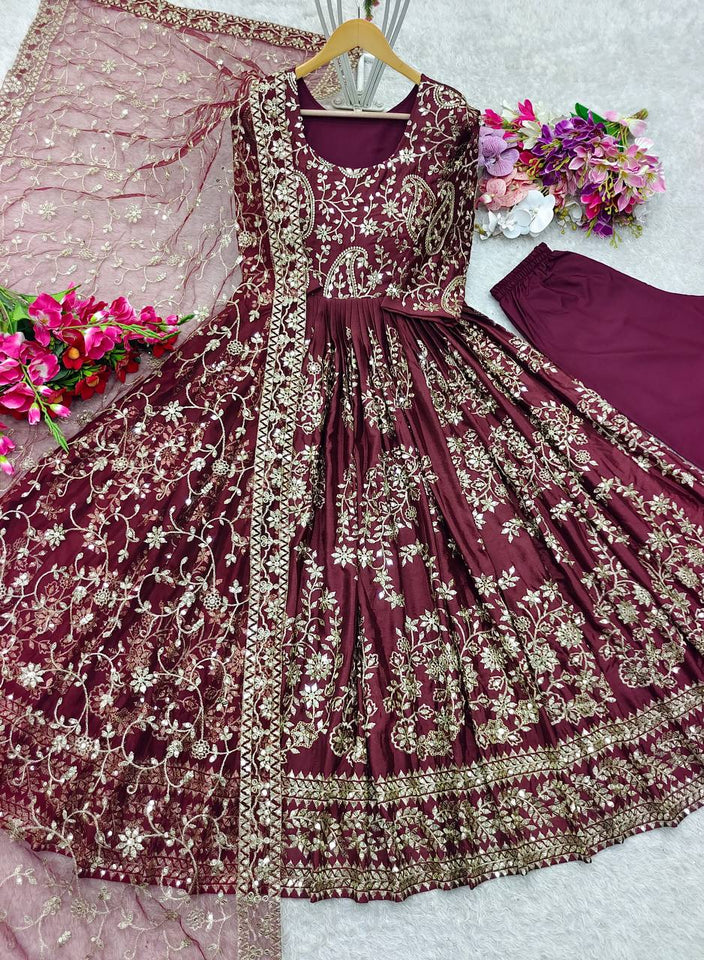 Presenting New Collection Heavy Chinon Silk Gown -Pent  Dupatta Set Fully Stitched Ready To Wear