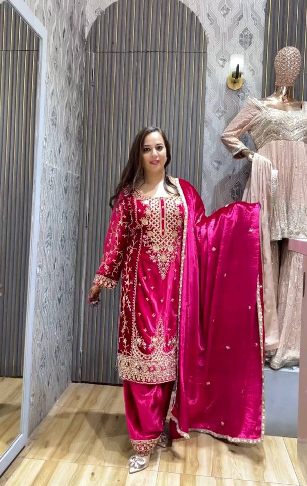 Presenting New Velvet Top -Pent  Dupatta Set Fully Stitched Ready To Wear