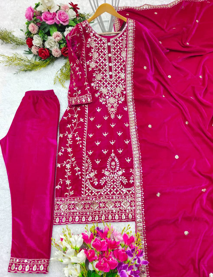 Presenting New Velvet Top -Pent  Dupatta Set Fully Stitched Ready To Wear