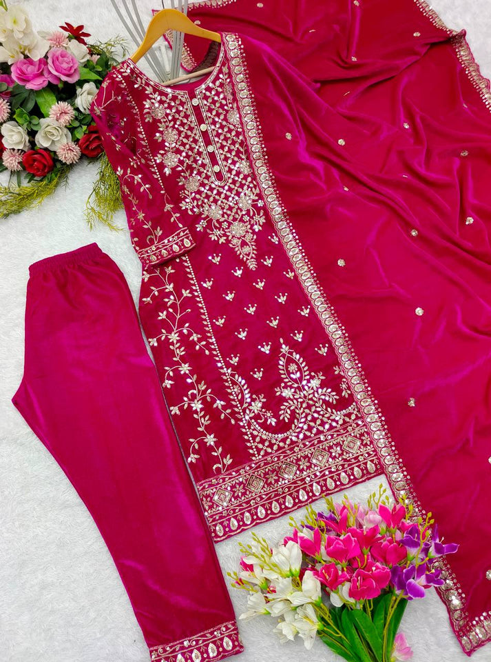 Presenting New Velvet Top -Pent  Dupatta Set Fully Stitched Ready To Wear