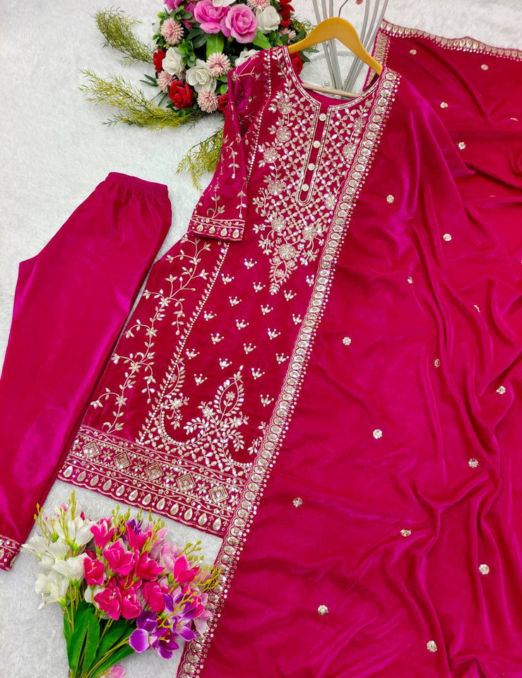 Presenting New Velvet Top -Pent  Dupatta Set Fully Stitched Ready To Wear