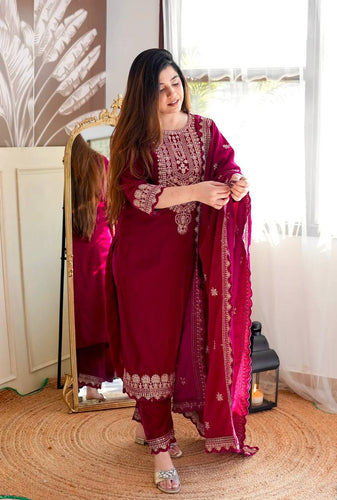Presenting New Velvet Top -Pent  Dupatta Set Fully Stitched Ready To Wear