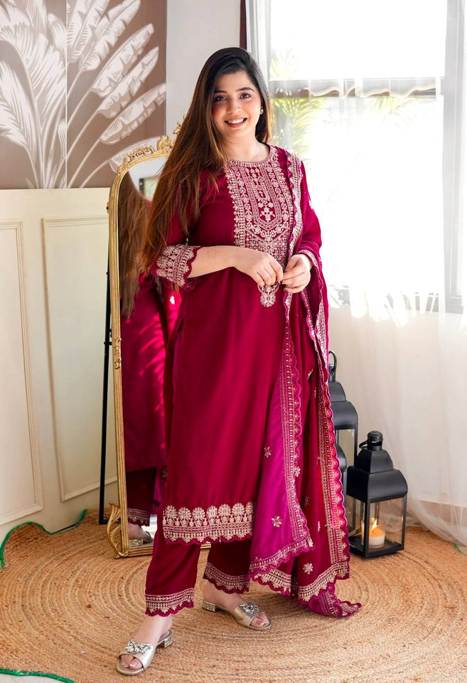 Presenting New Velvet Top -Pent  Dupatta Set Fully Stitched Ready To Wear