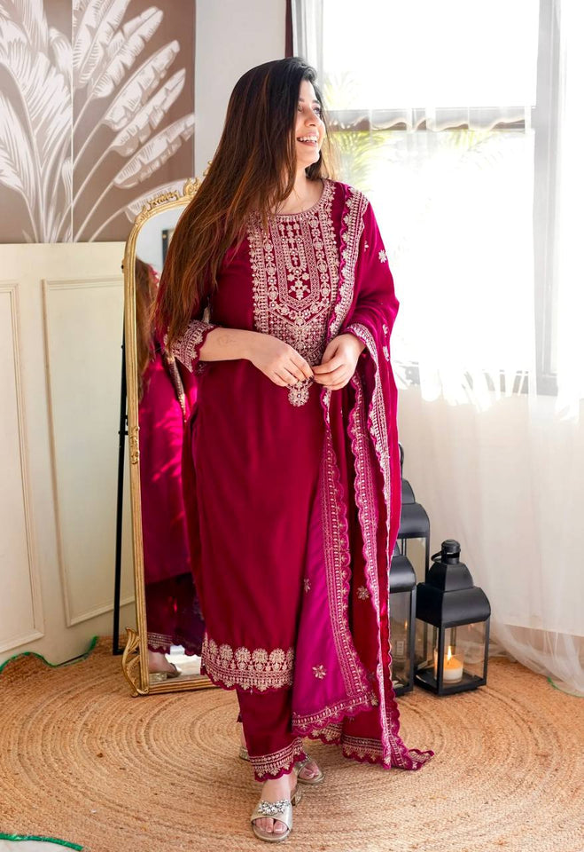 Presenting New Velvet Top -Pent  Dupatta Set Fully Stitched Ready To Wear