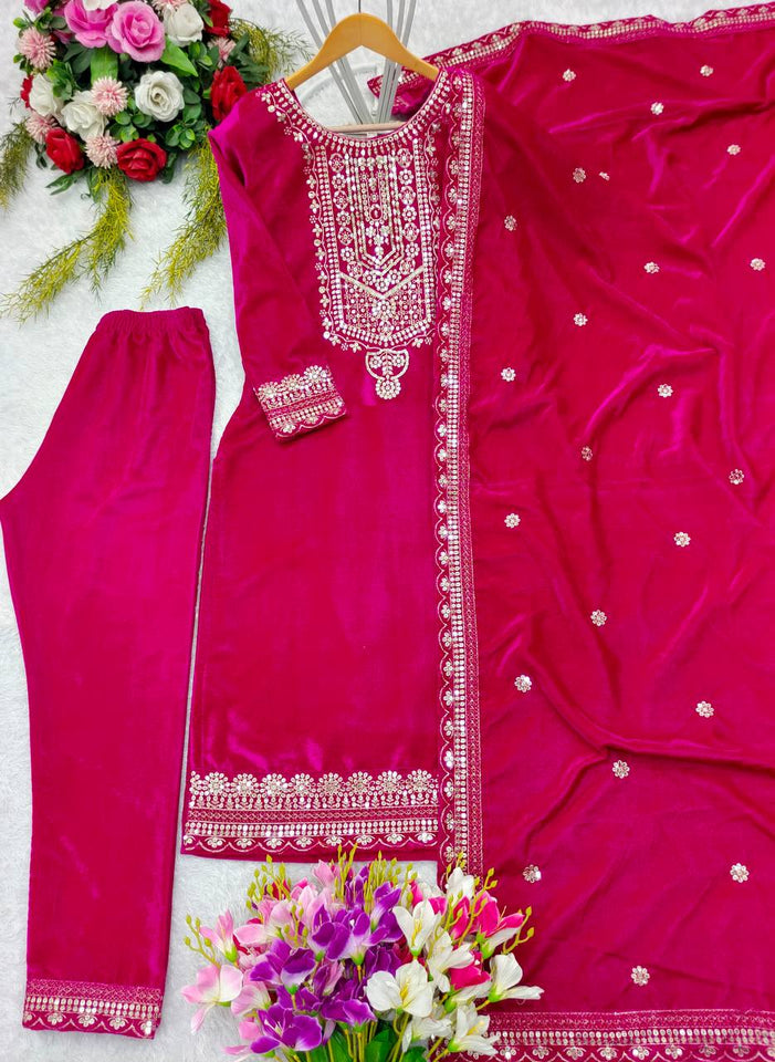 Presenting New Velvet Top -Pent  Dupatta Set Fully Stitched Ready To Wear