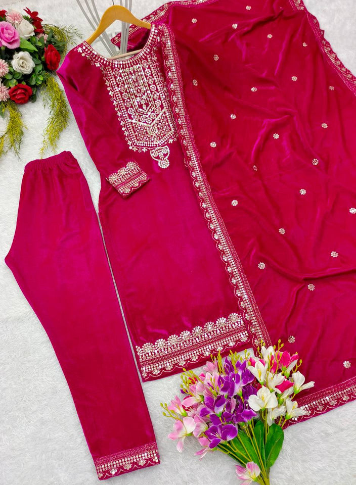 Presenting New Velvet Top -Pent  Dupatta Set Fully Stitched Ready To Wear